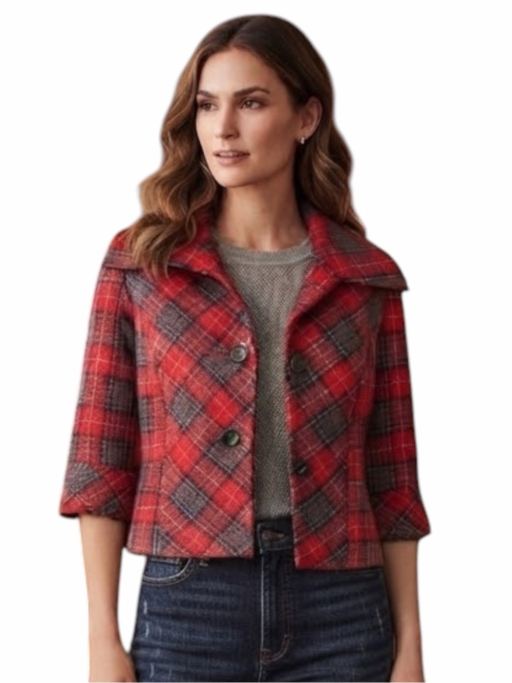 Tribal Red & Black Plaid Button Front Blazer & Mesh Top- Size 10 & Small Petite